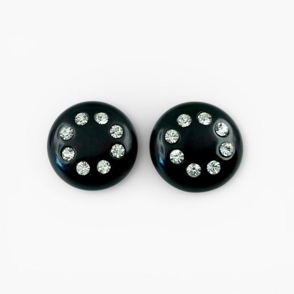 Vintage Jewelry - Vintage Black Bakelite Rhinestone Earrings, Art Deco Button Clips, Mid Century